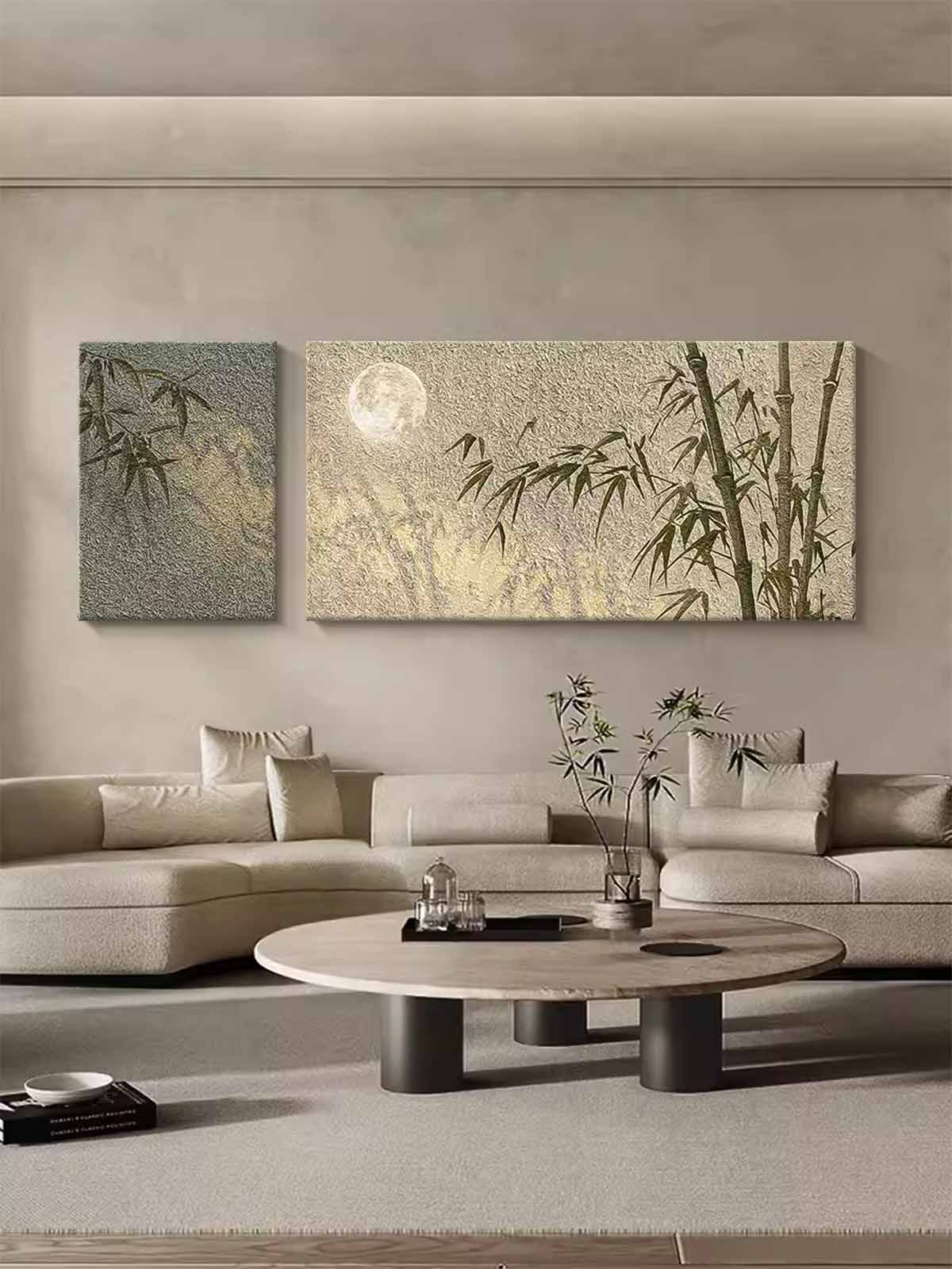 Set of 2 Contemporary Texture Moonlight Canvas Wall Art Abstract Bamboo Oil Paintings National Style Artwork