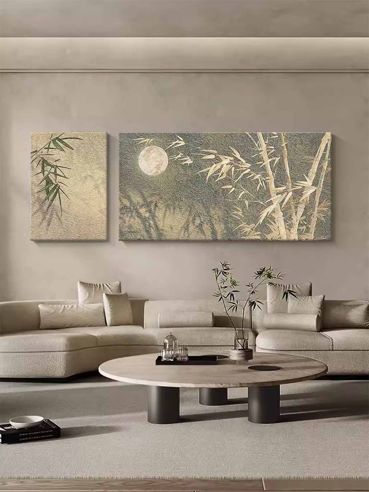 Set of 2 Contemporary Moonlight Canvas Wall Art Abstract Bamboo Oil Paintings National Style Artwork