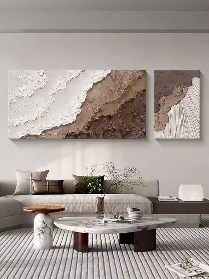Set of 2 Large Texture Brown Ocean Wall Art Original Abstract Beach Oil Painting On Canvas For Living Room