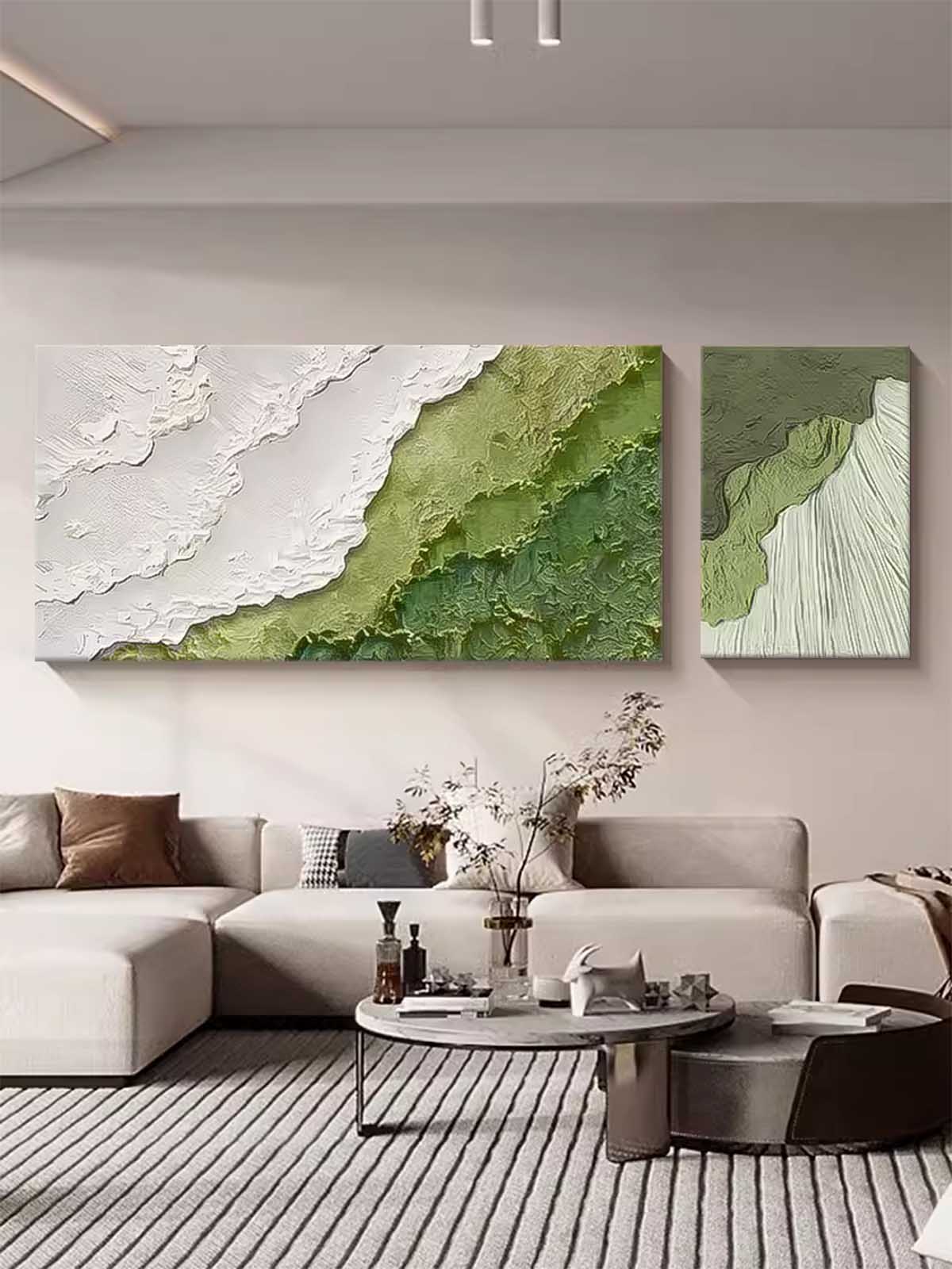 Set of 2 Original Abstract Beach Oil Painting On Canvas Large Texture Green Ocean Wall Art For Living Room