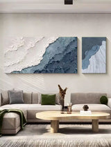 Set of 2 Large Texture Blue Ocean Wall Art Original Abstract Beach Oil Painting On Canvas For Living Room