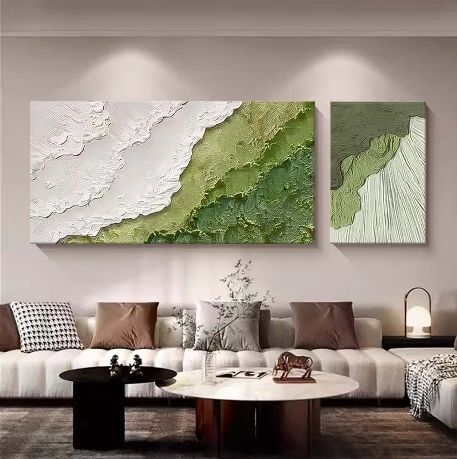 Set of 2 Original Abstract Beach Oil Painting On Canvas Large Texture Green Ocean Wall Art For Living Room