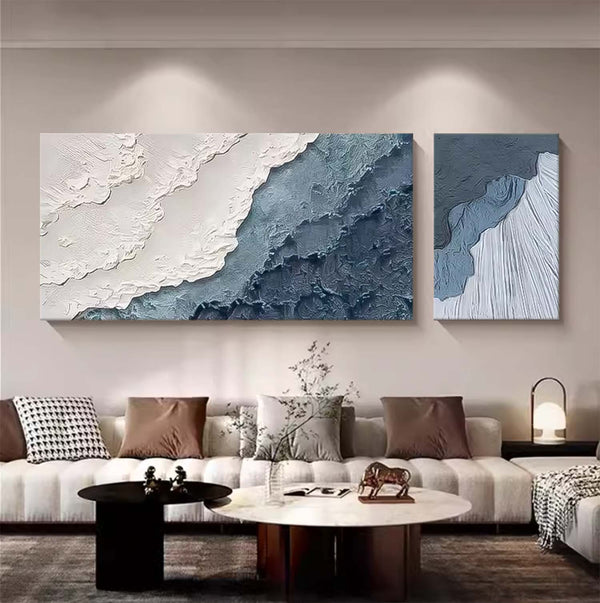 Set of 2 Large Texture Blue Ocean Wall Art Original Abstract Beach Oil Painting On Canvas For Living Room