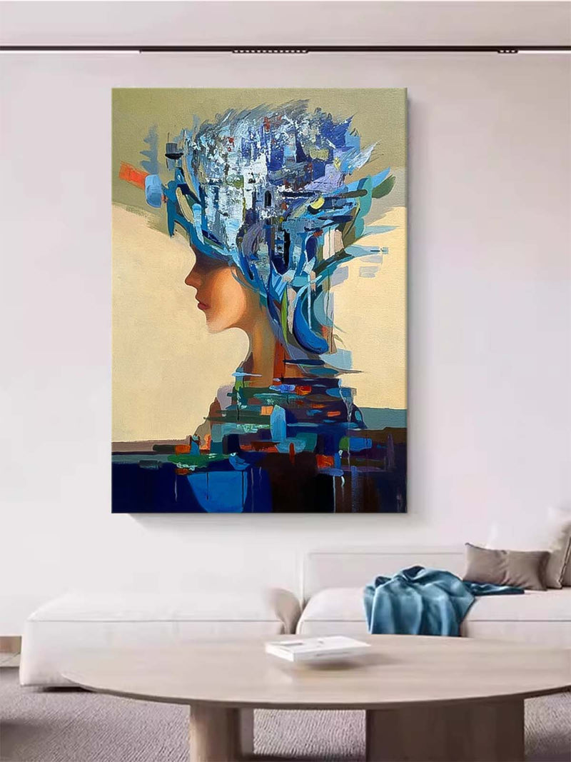 Original Blue Wall Art Abstract Lady Painting Woman Face Artwork Large Leaf Faceless Portrait Painting