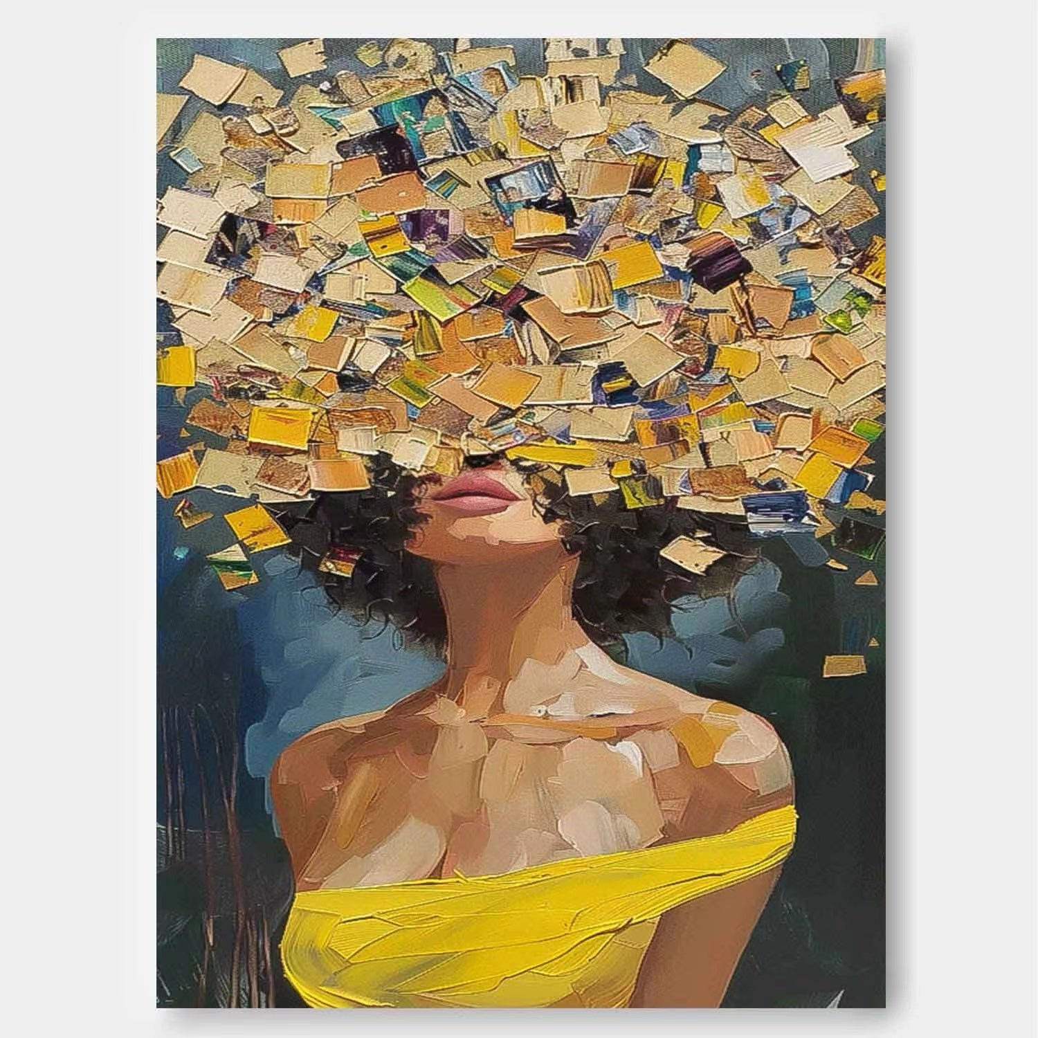 Original Lady Wall Art Abstract Yellow Profile Artwork Large Portrait Painting Framed For Living Room