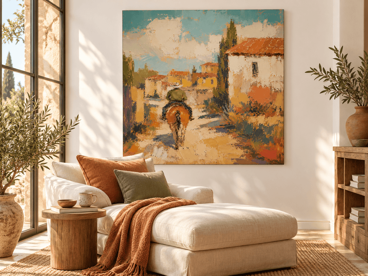 Impressionist Tuscan Style Painting Warm Tones Textured Square Canvas