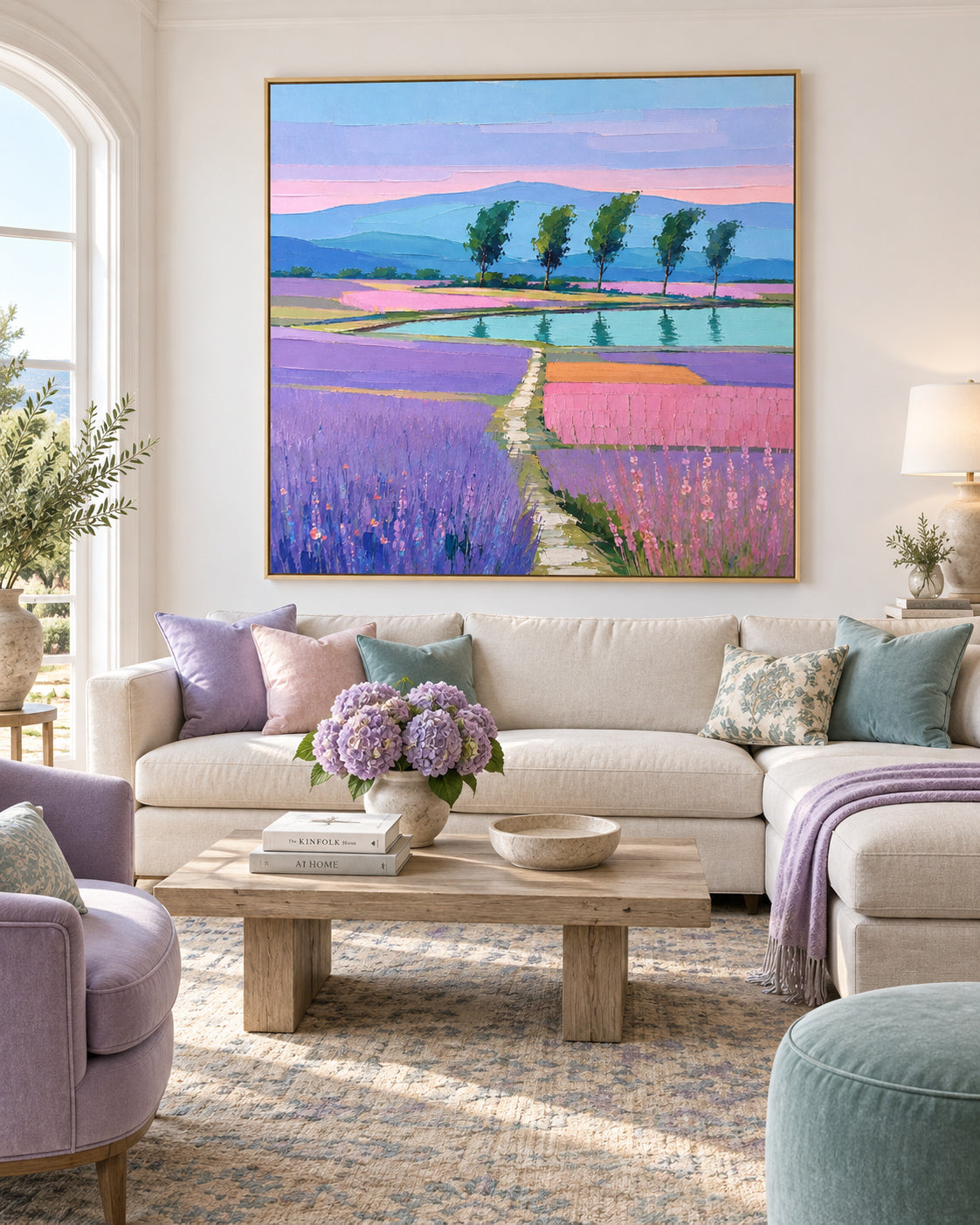 Hand-Painted Lavender Landscape Canvas Art With Lake And Trees In Purple Pink Tones