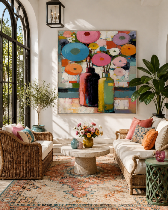Vibrant Geometric Floral Art With Colorful Vases For Modern Living Room Wall Decor