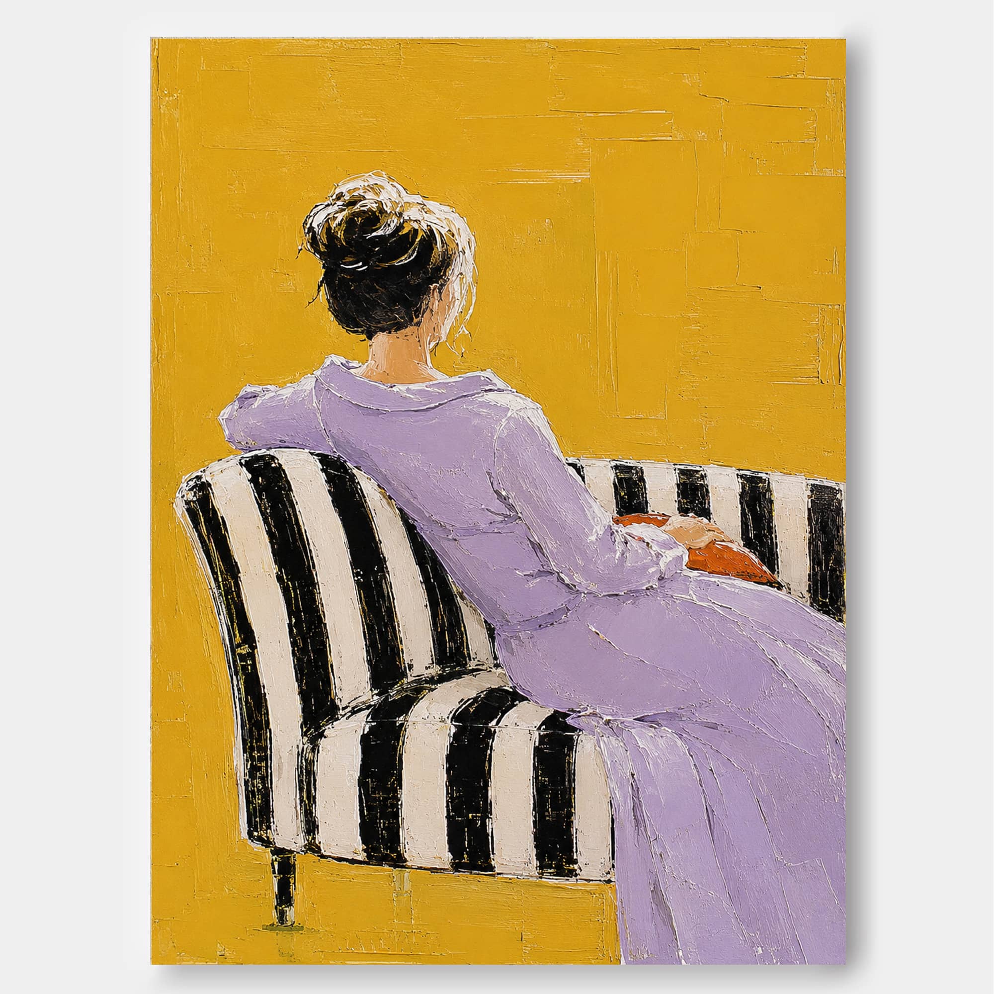 Handmade Impasto Oil Painting Of Seated Woman On Striped Sofa With Expressive Brushstrokes For Modern Home