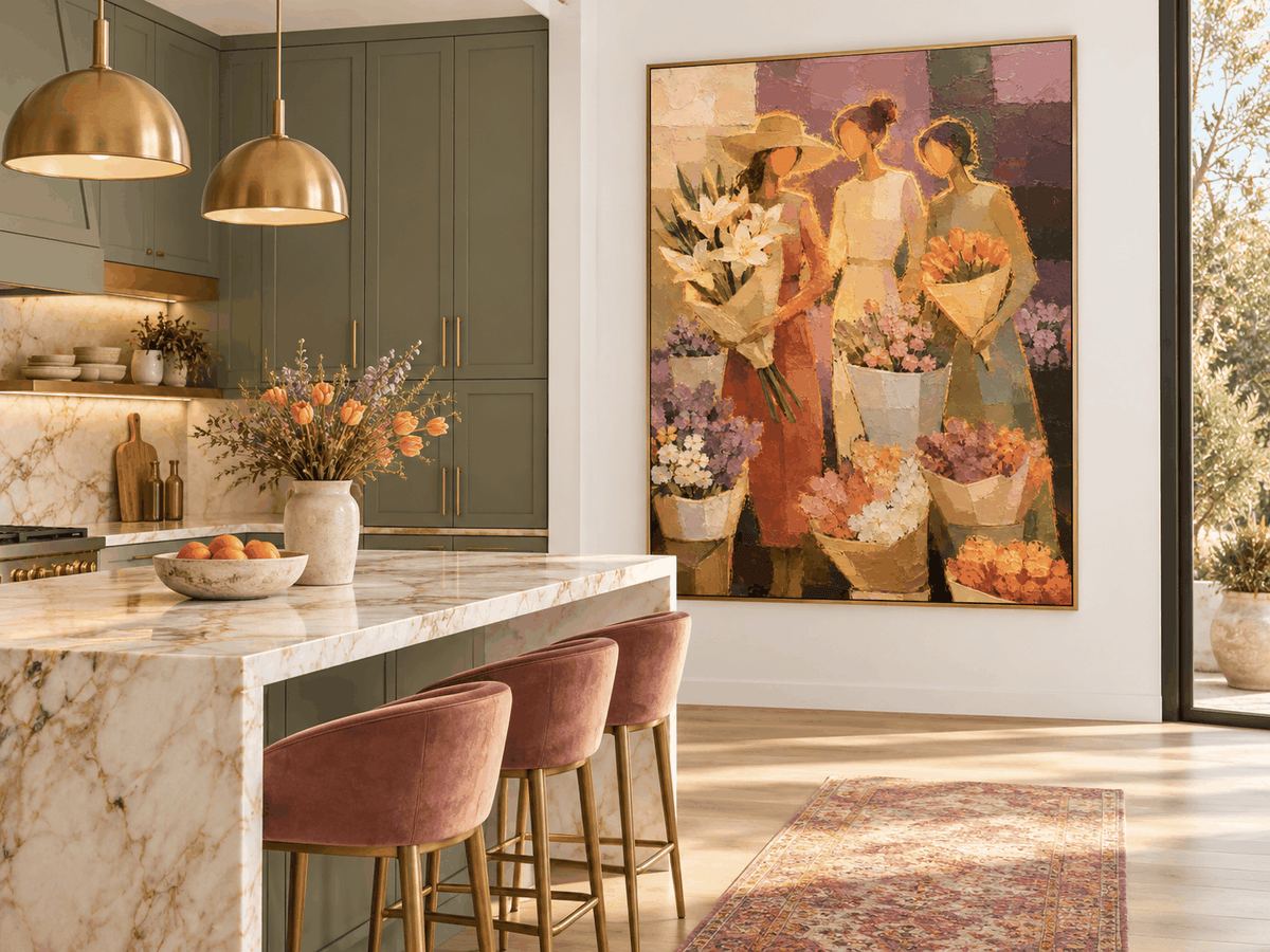 Modern Impressionist Textured Canvas Painting Hand-Painted Floral Market Scene With Three Women Canvas Art
