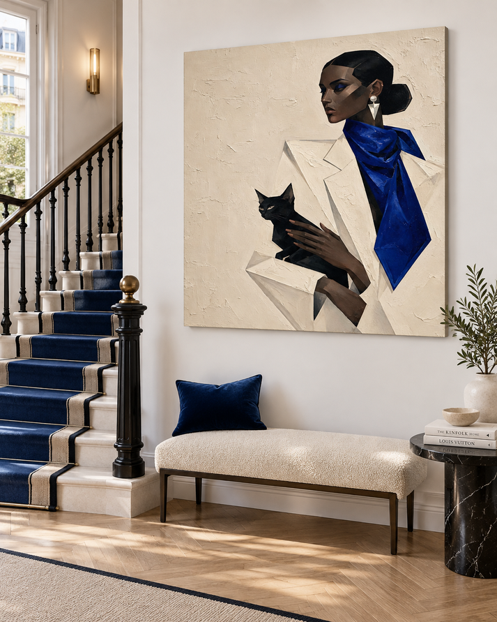 Geometric Woman With Black Cat Hand-Painted Canvas Art In Blue And Beige