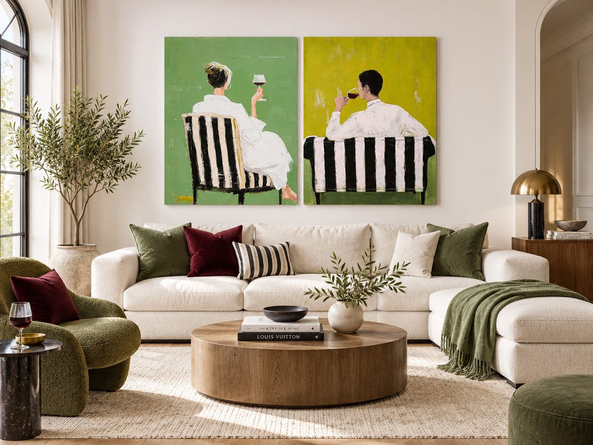 Modern Living Room Wall Art Diptych Of Wine Lovers In Green Tones