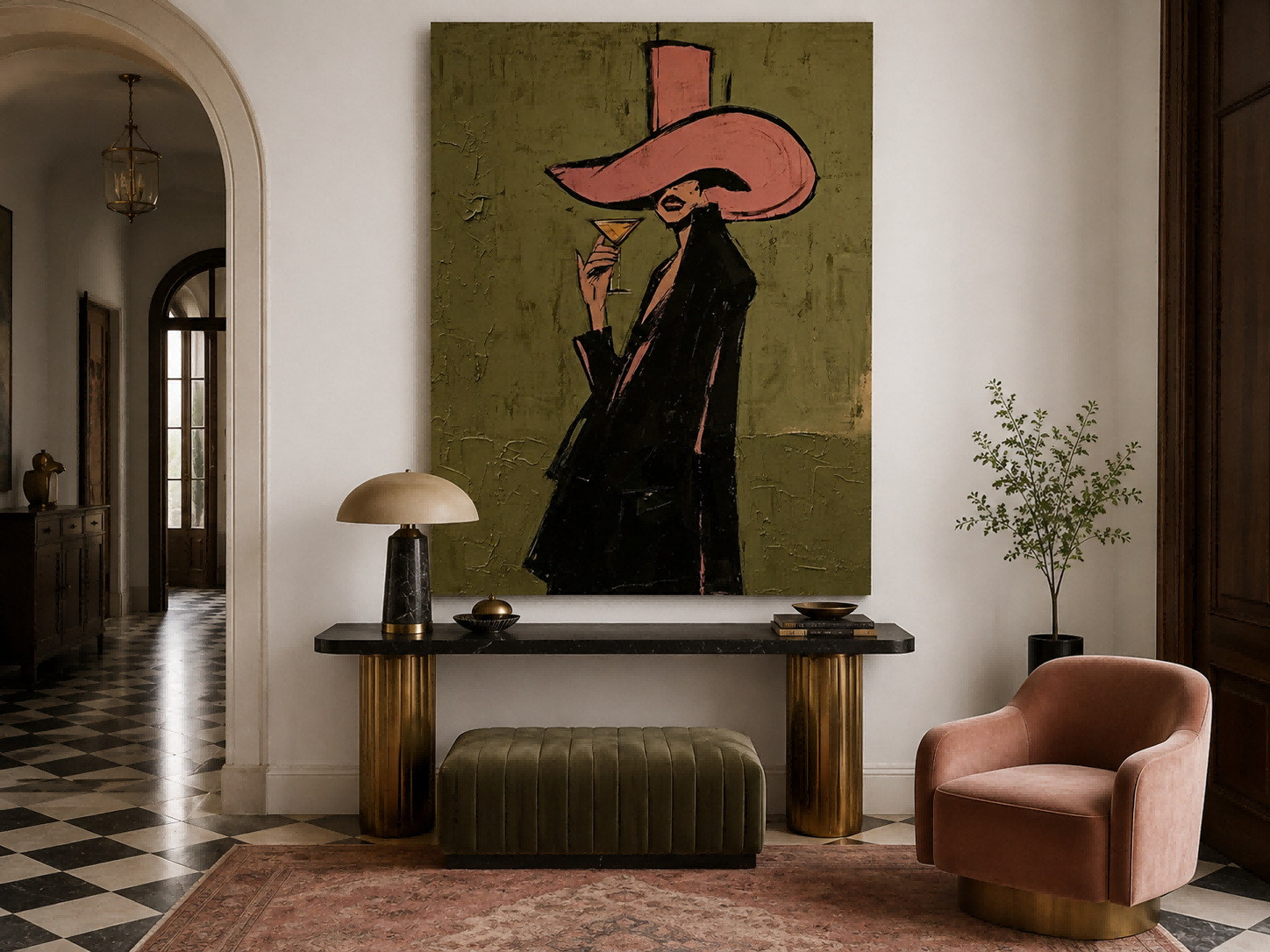 Chic Lounge Wall Art Featuring Elegant Lady Holding Cocktail Glass In Modern Retro Style