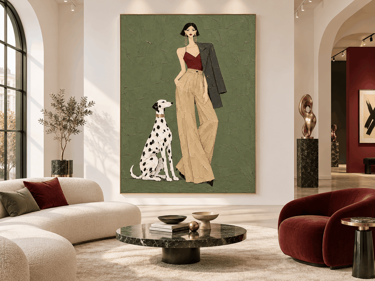 Hand-Painted Fashion Woman And Dalmatian Dog Canvas Art Vintage Modern Textured Painting