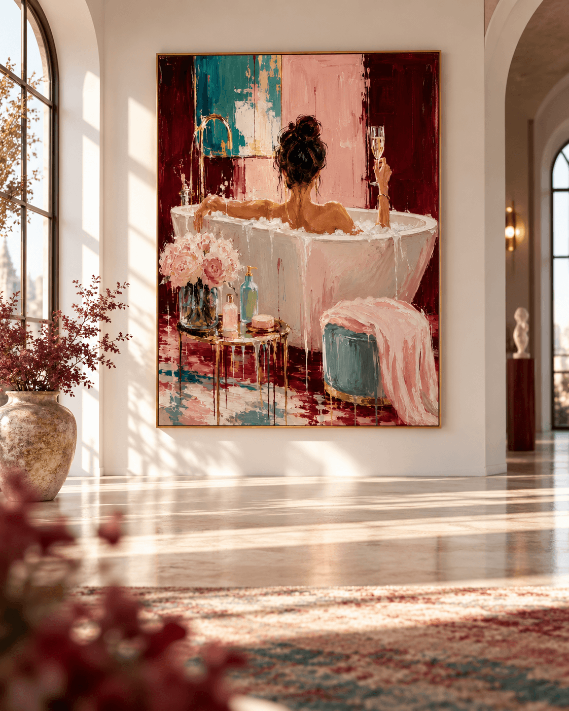 Morandi Pink Textured Oil Painting Elegant Woman Self Care Art Woman In Bathtub With Champagne