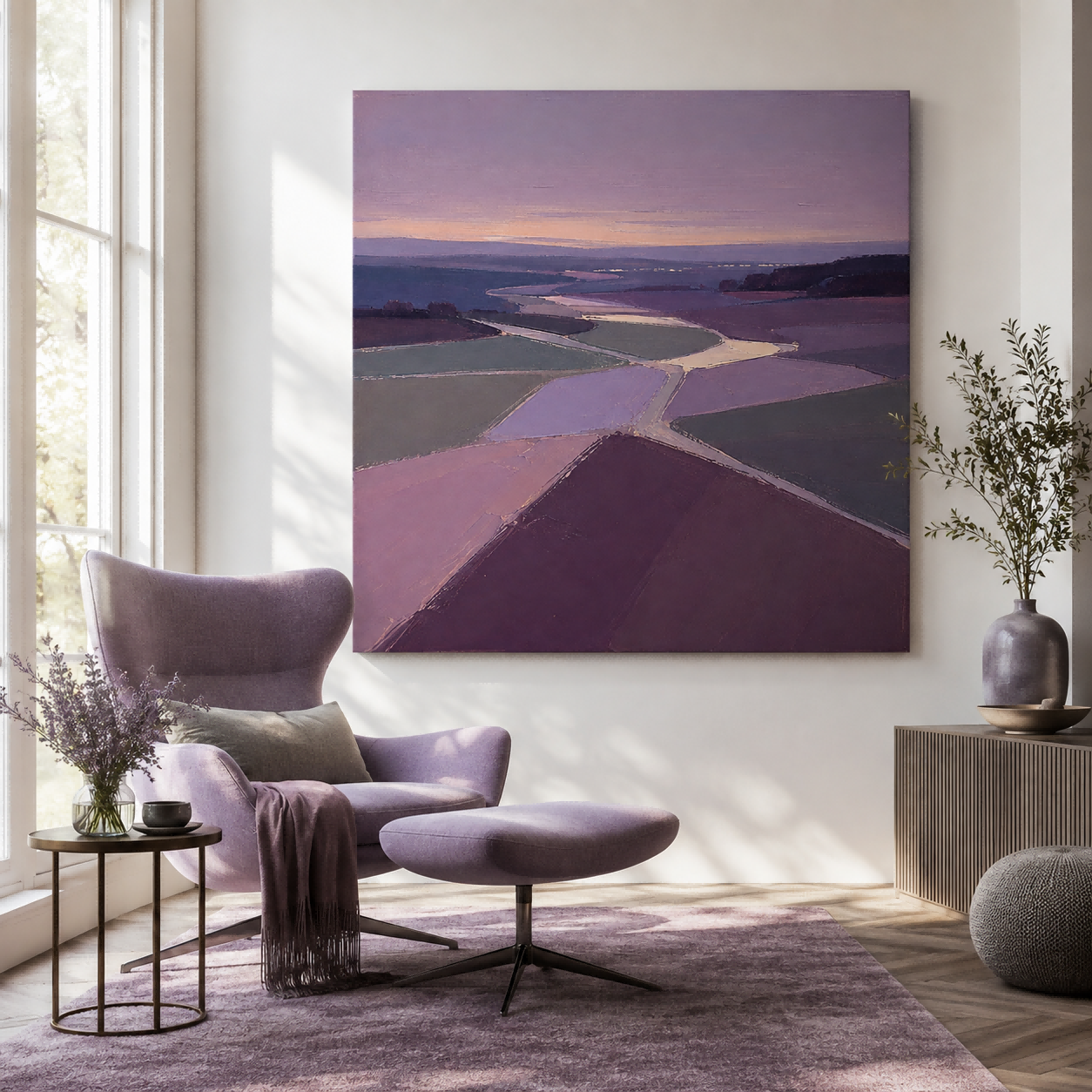 Serene Twilight Purple Field Painting Abstract Geometric Art With Deep Spatial Perspective