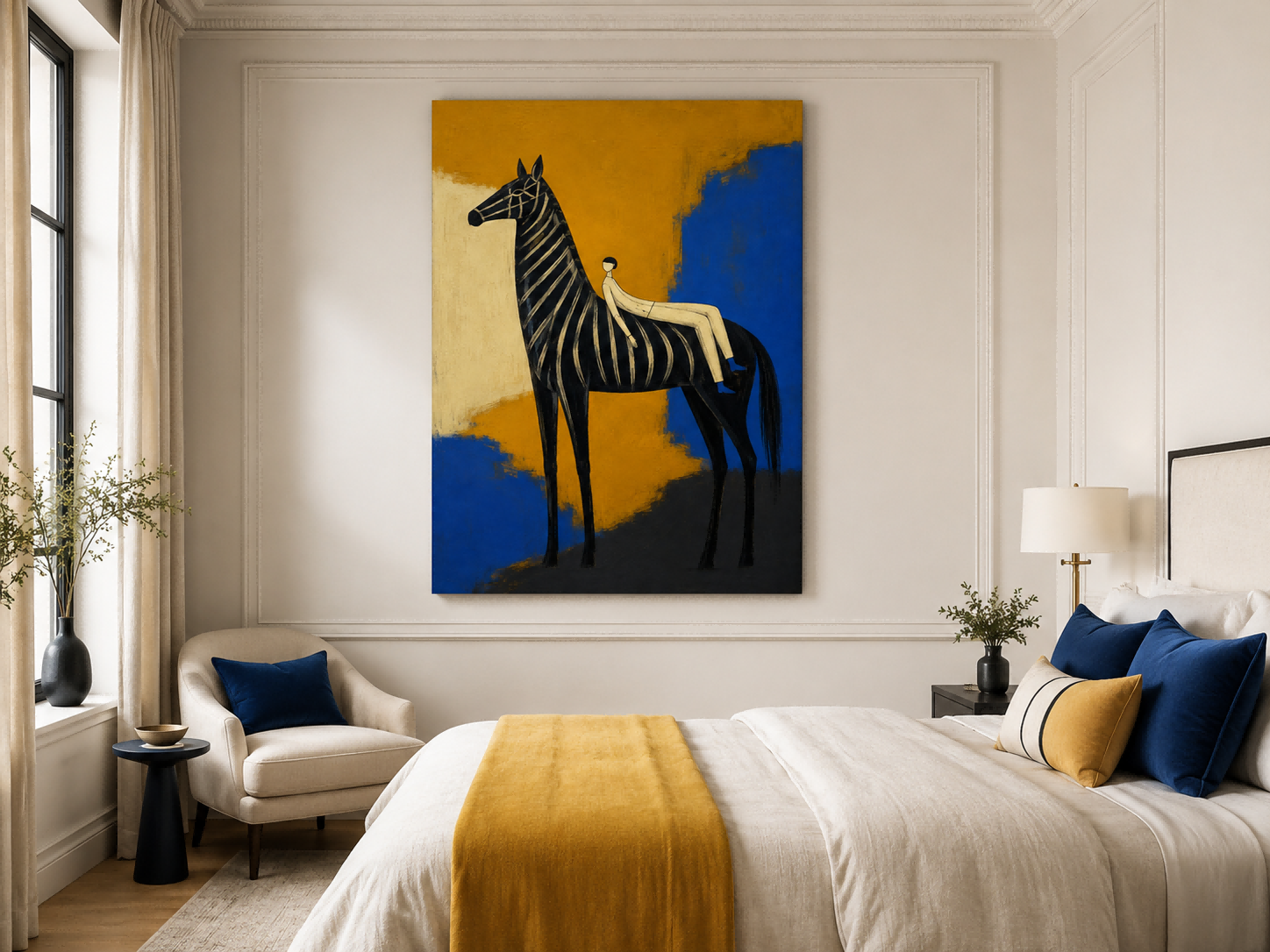 Abstract Zebra And Figure Canvas Painting With Bold Gold Blue Colors