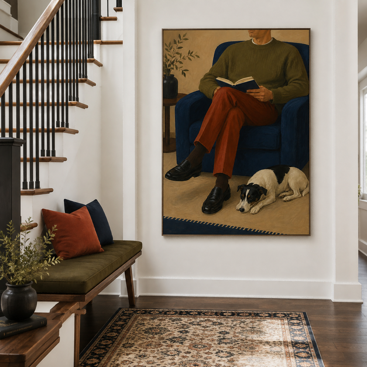 Cozy Living Room Wall Art Featuring Man And Pet In Modern Style