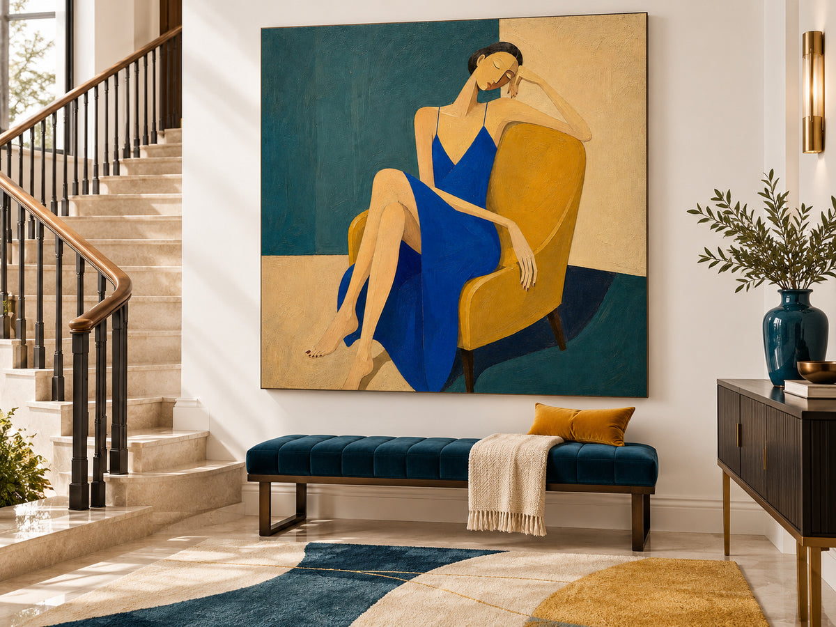 Minimalist Vintage Style Canvas Painting Textured Blue Beige Modern Portrait Art
