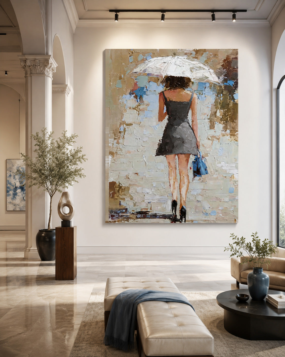 Romantic Urban Scene Oil Painting Silhouette Of Lady In Rain For Bedroom