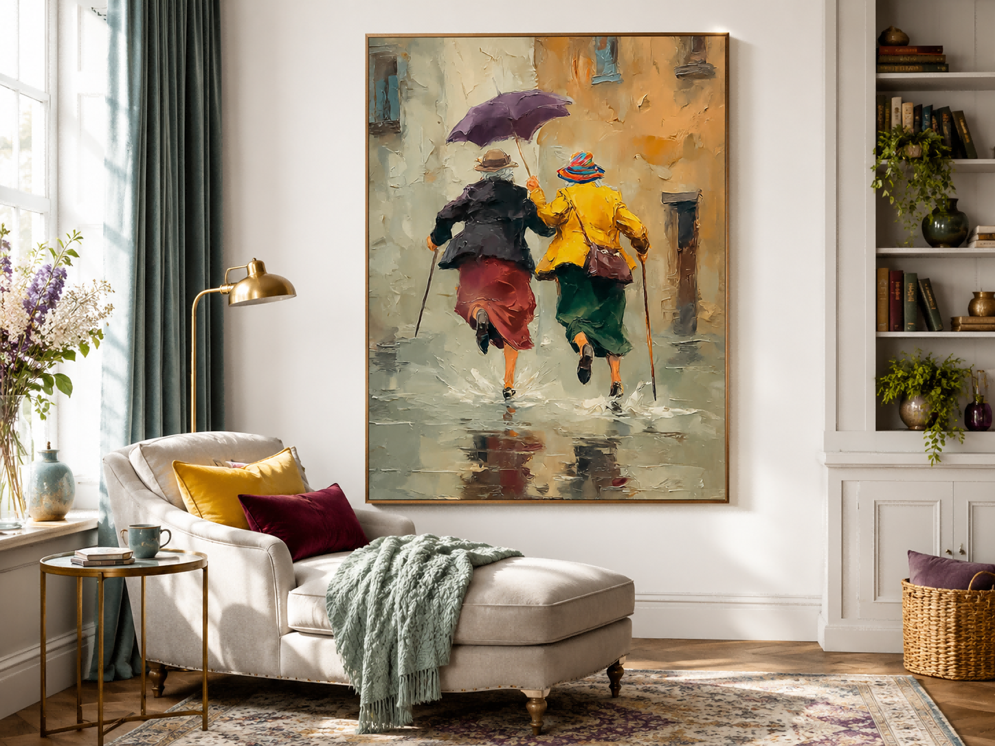 Impressionist Oil Painting Of Two Women Running In Rain With Umbrella For Living Room Wall Art Decor