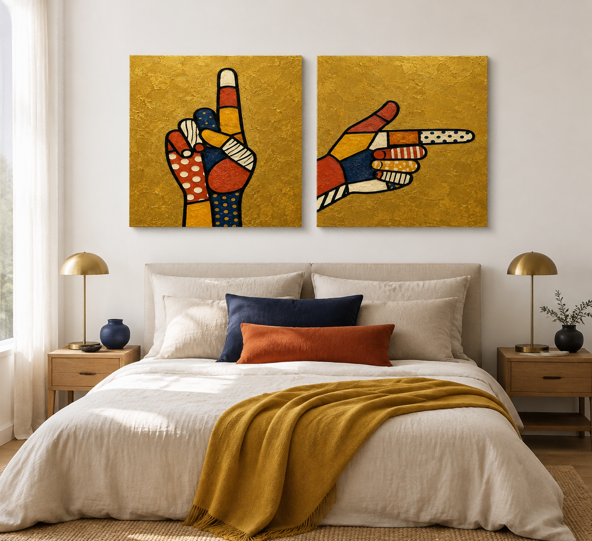 Hand-Painted Pop Art Hands Canvas Painting With Gold Background And Patterns