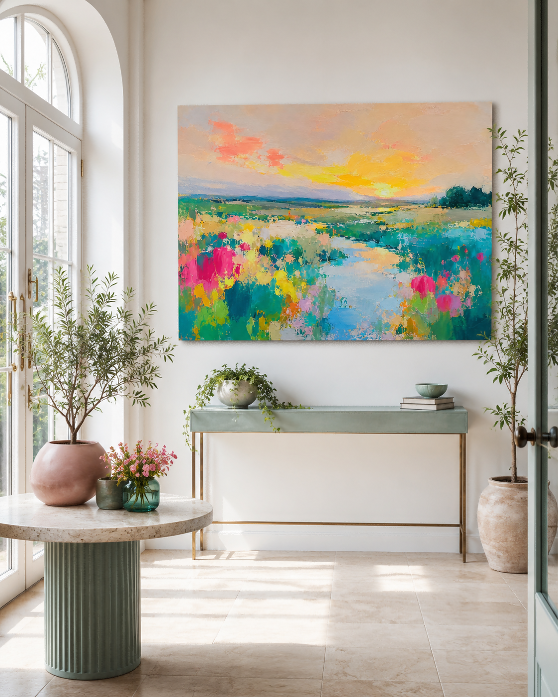 Colorful Floral Landscape Hand-Painted Canvas Art With Warm Sunset Tones