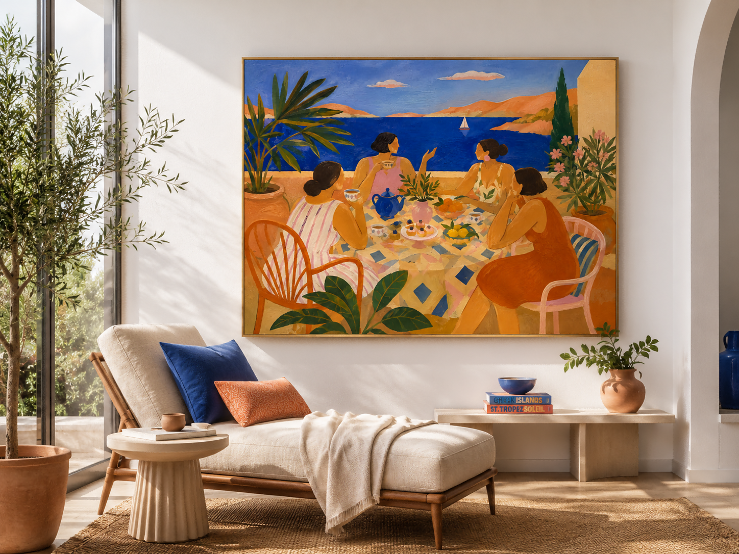 Dreamy Art Deco Style Painting Of Coastal Leisure And Elegant Tea Time