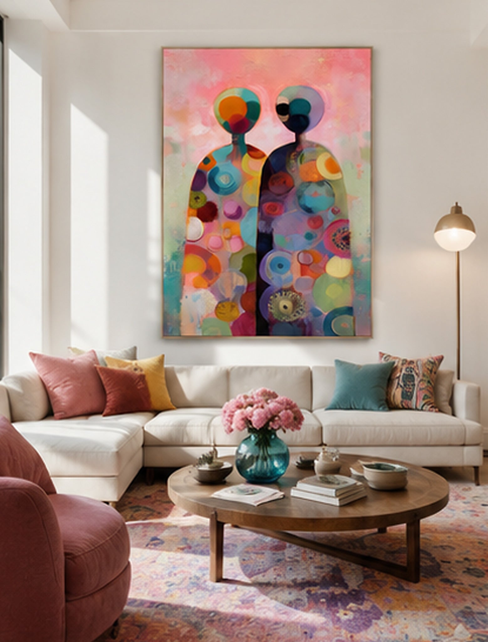 Bohemian Style Abstract Art Canvas With Rich Texture And Colorful Circles For Bedroom Decoration