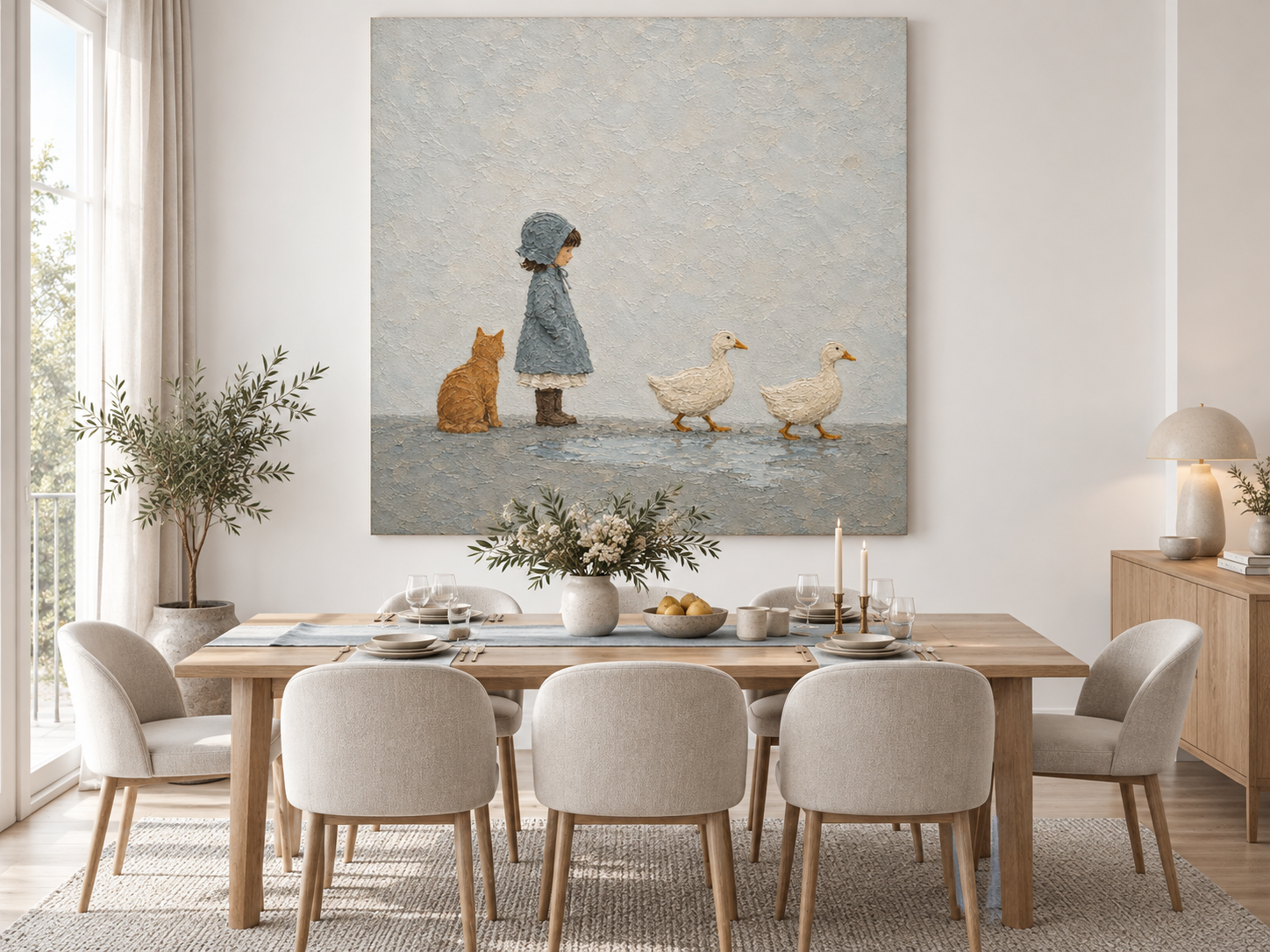 Modern Naive Art Canvas Painting Textured Abstract Animal Scene