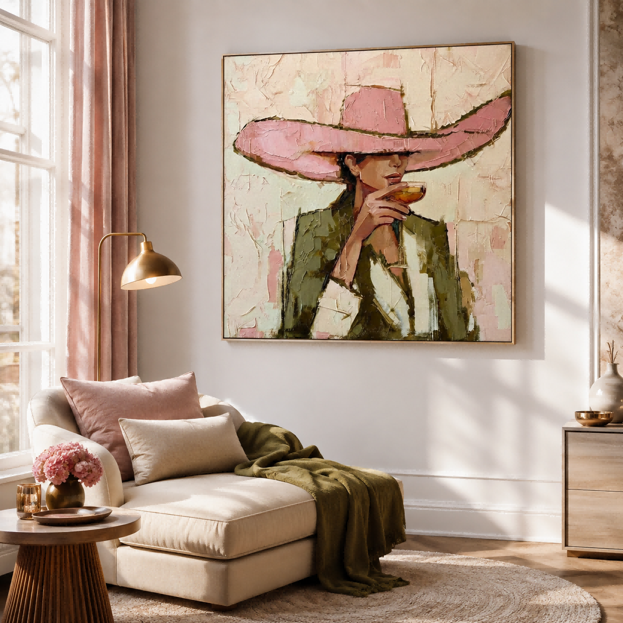 Vintage Fashion Woman Painting Pink Hat Square Canvas Art For Living Room Decor