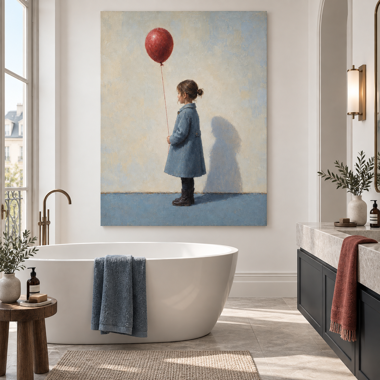 Abstract Naive Art Canvas Painting Red Balloon Gray Background Home Decor