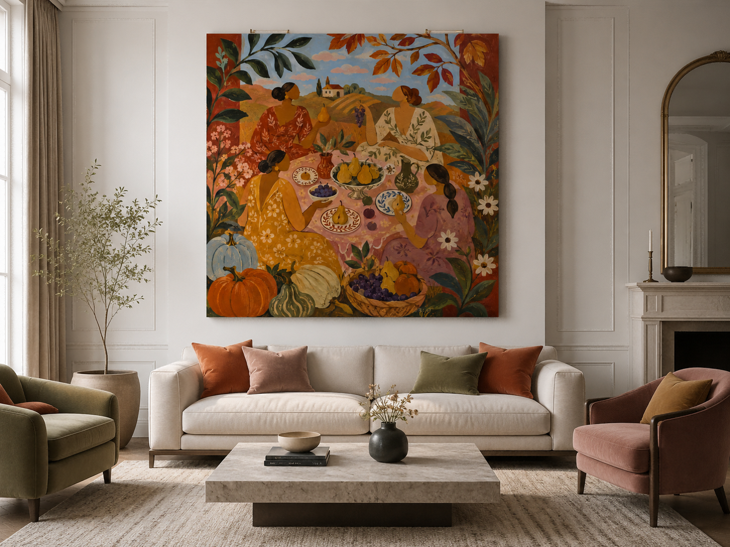 Fantasy Style Original Canvas Painting Of Outdoor Picnic With Floral Details