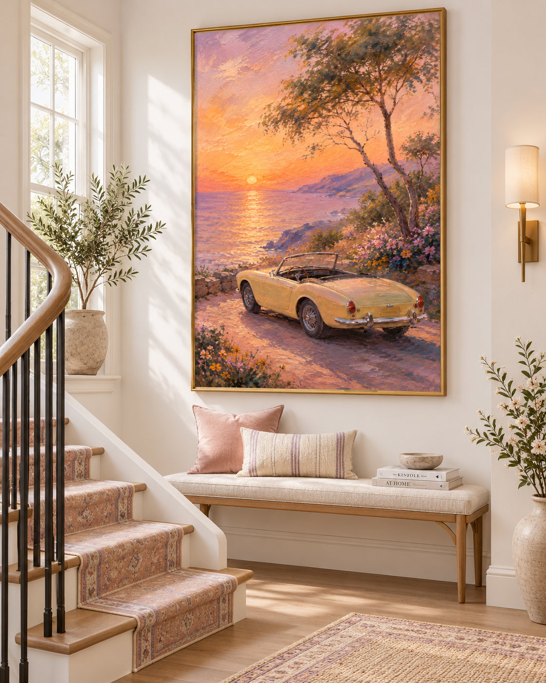 Vintage Car And Sunset Sea Hand-Painted Canvas Art In Gold And Pink