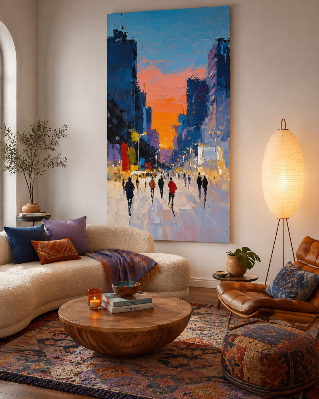 Original Textured Canvas Painting Of City Sunset With Abstract Architecture And People Silhouettes