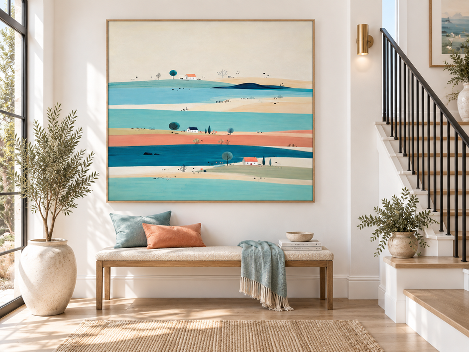 Hand-Painted Minimalist Landscape With Blue River And Houses