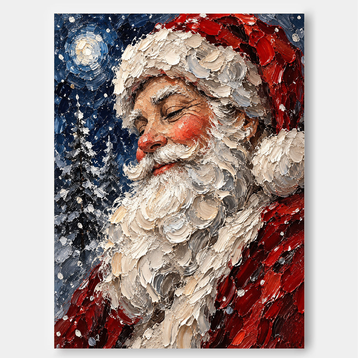 Modern Impressionist Holiday Painting With Serene Santa And Moonlit Sky Design