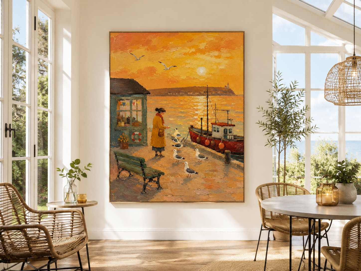Impressionist Style Seascape Painting With Expressive Orange Tones