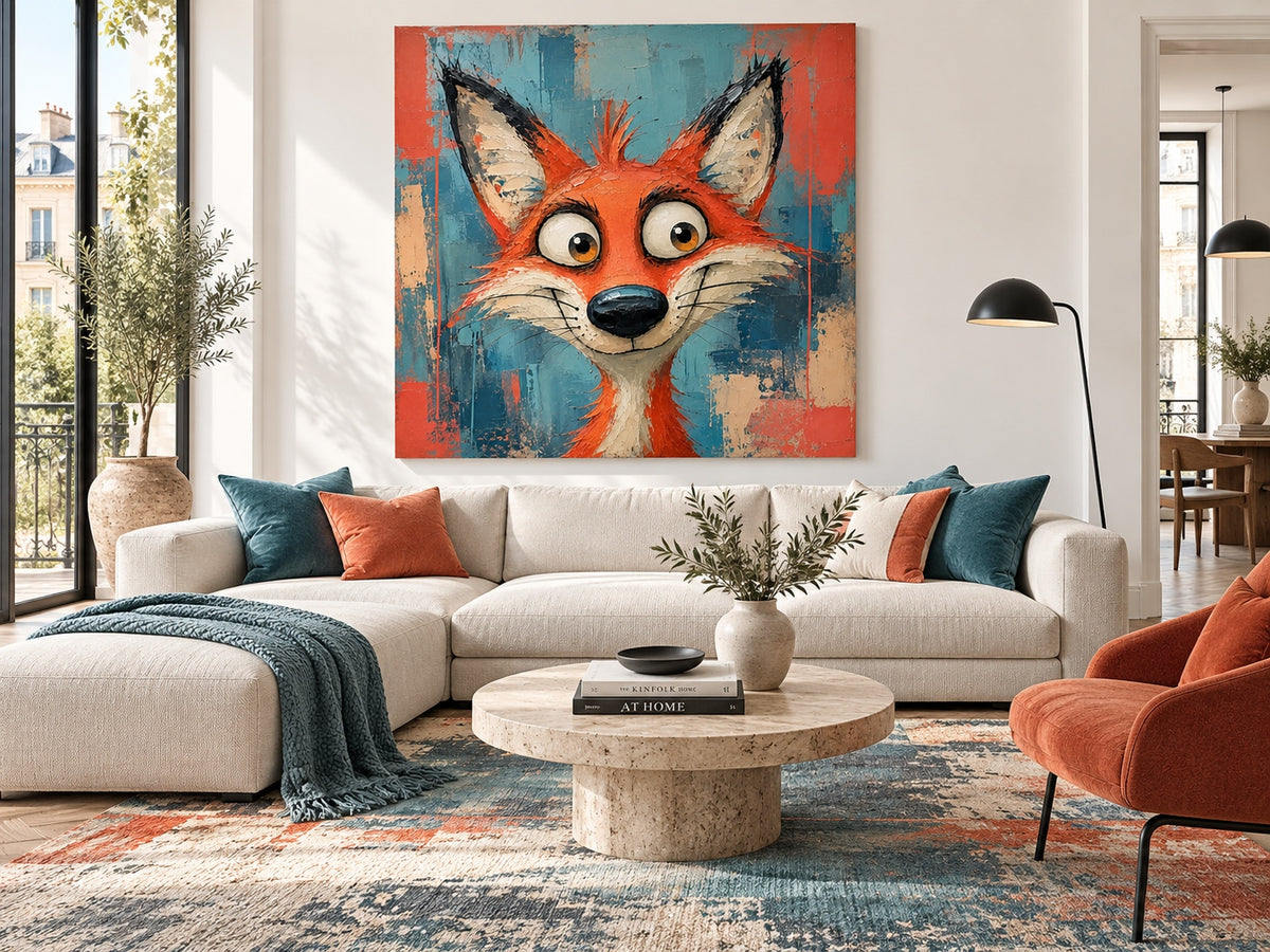 Funny Red Fox Portrait Canvas Painting With Big Eyes In Pop Art Style