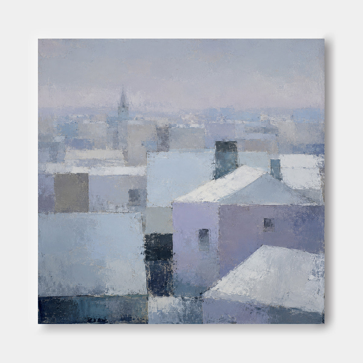 Abstract Cityscape Canvas Painting With Geometric Blue And Purple Blocks