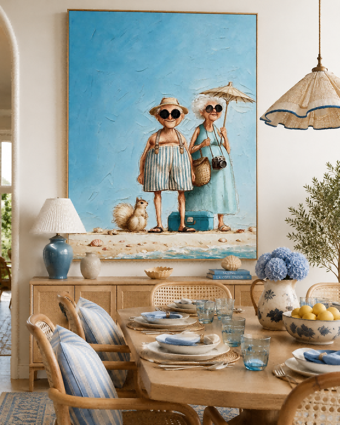 Whimsical Vintage Couple Beach Painting Textured Canvas Wall Art For Living Room Decor