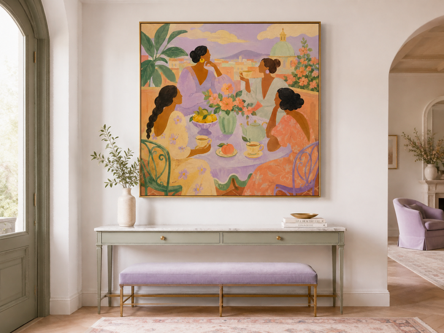 Art Deco Inspired Dreamy Female Gathering Original Canvas Art With Floral Details
