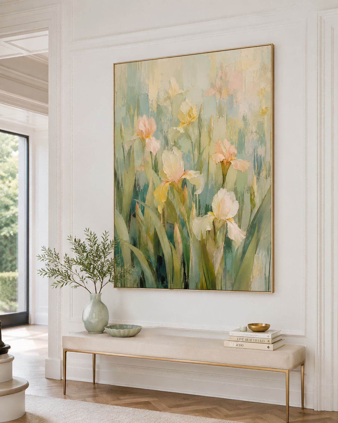 Abstract Champagne Iris Flower Canvas Painting Hand-Painted Wall Art Modern Impasto Abstract Art With Warm Beige Tones Original Canvas