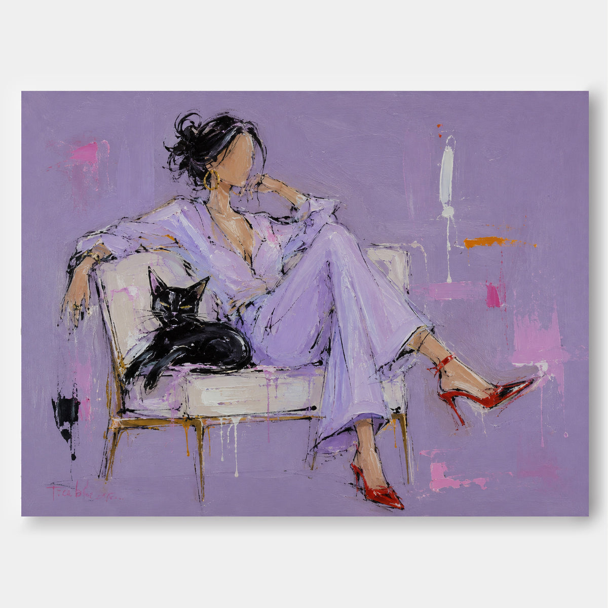 Woman With Black Cat Hand-Painted Canvas Art Abstract Fashion Art With Textured Purple And Red Accents