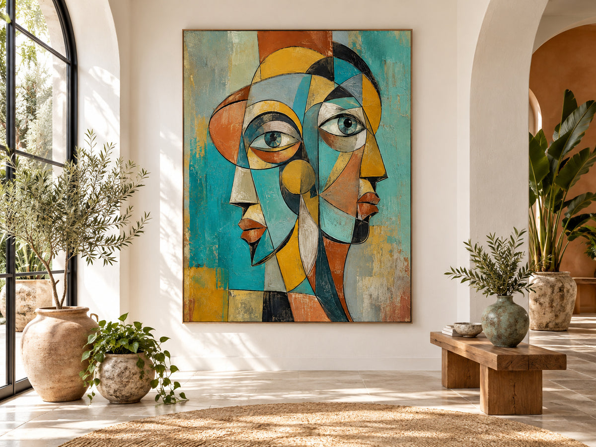 Vintage Cubist Style Hand Painted Art With Textured Finish