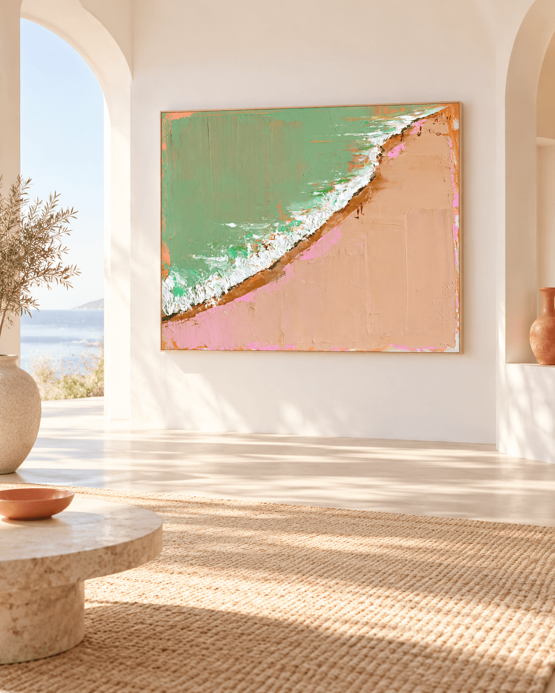 Minimalist Textured Abstract Art In Green And Beige Tones