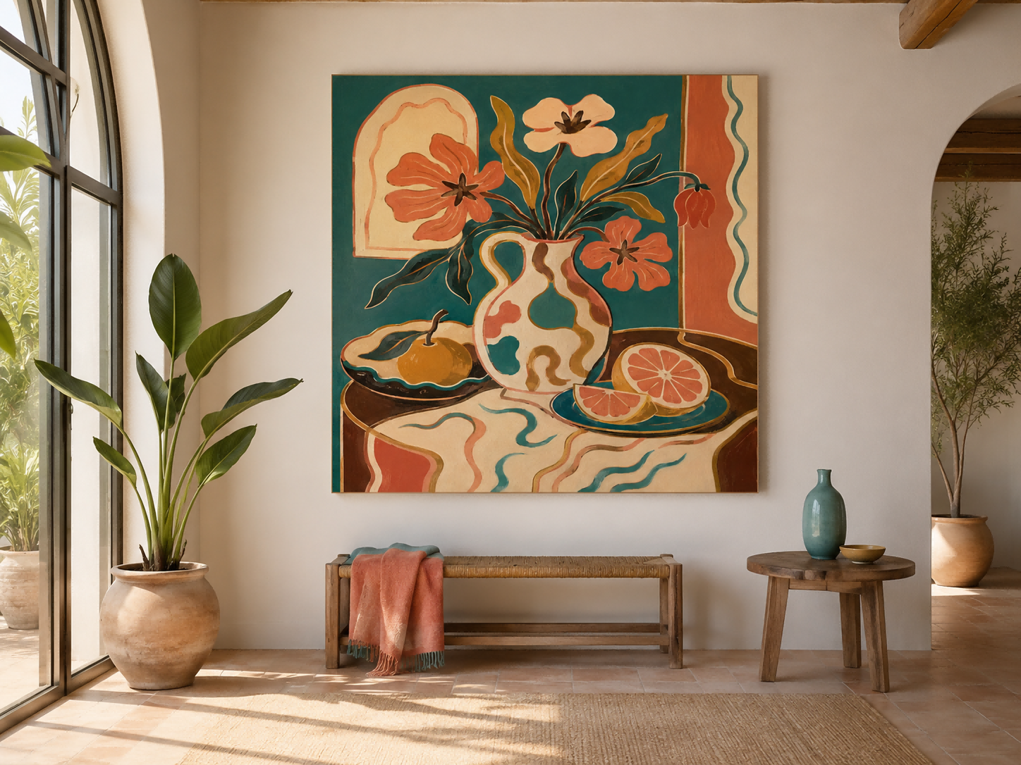 Whimsical Art Deco Style Painting With Abstract Fruit And Flowers