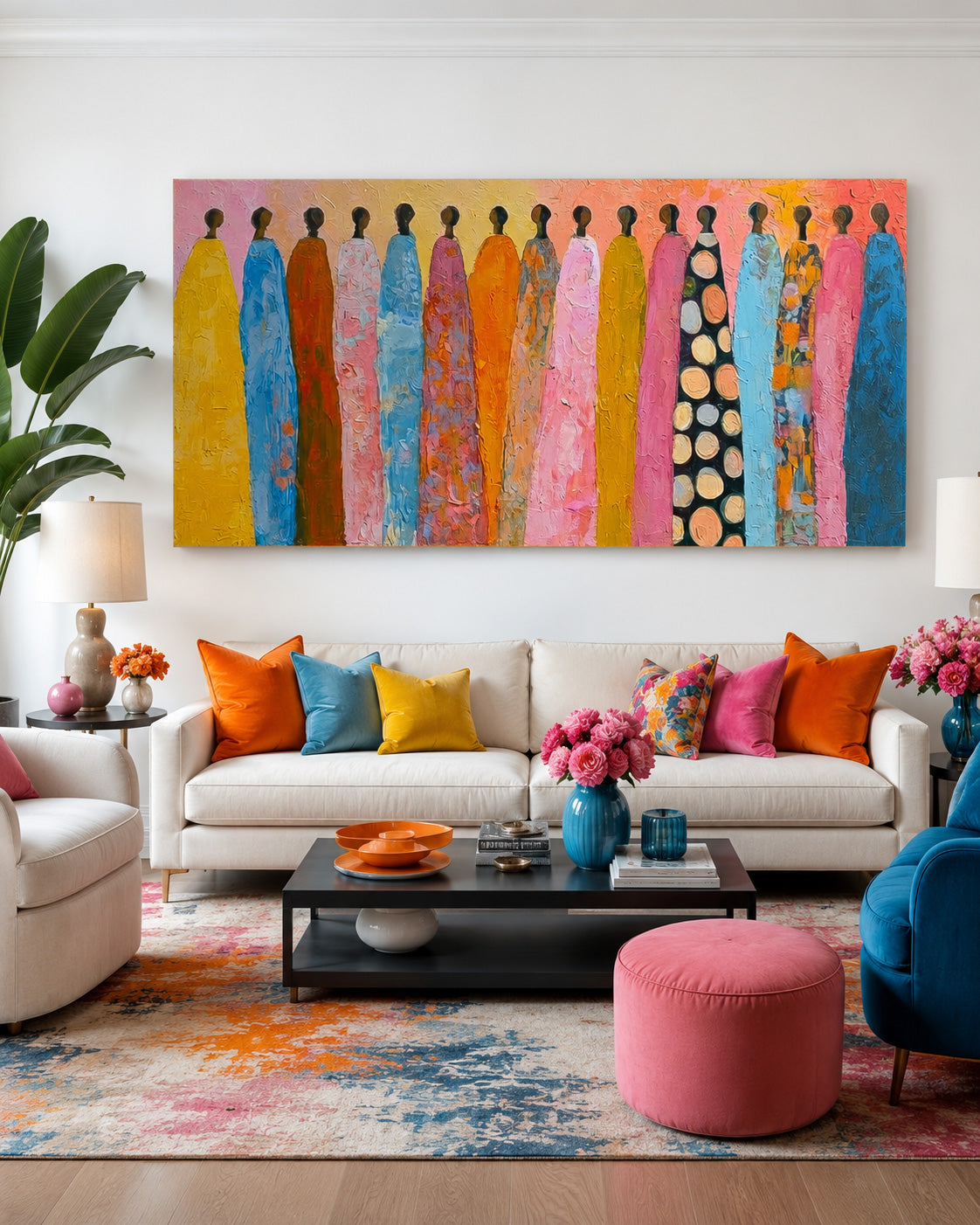 Handmade Textured Canvas Art With Bright Colors And Human Figures