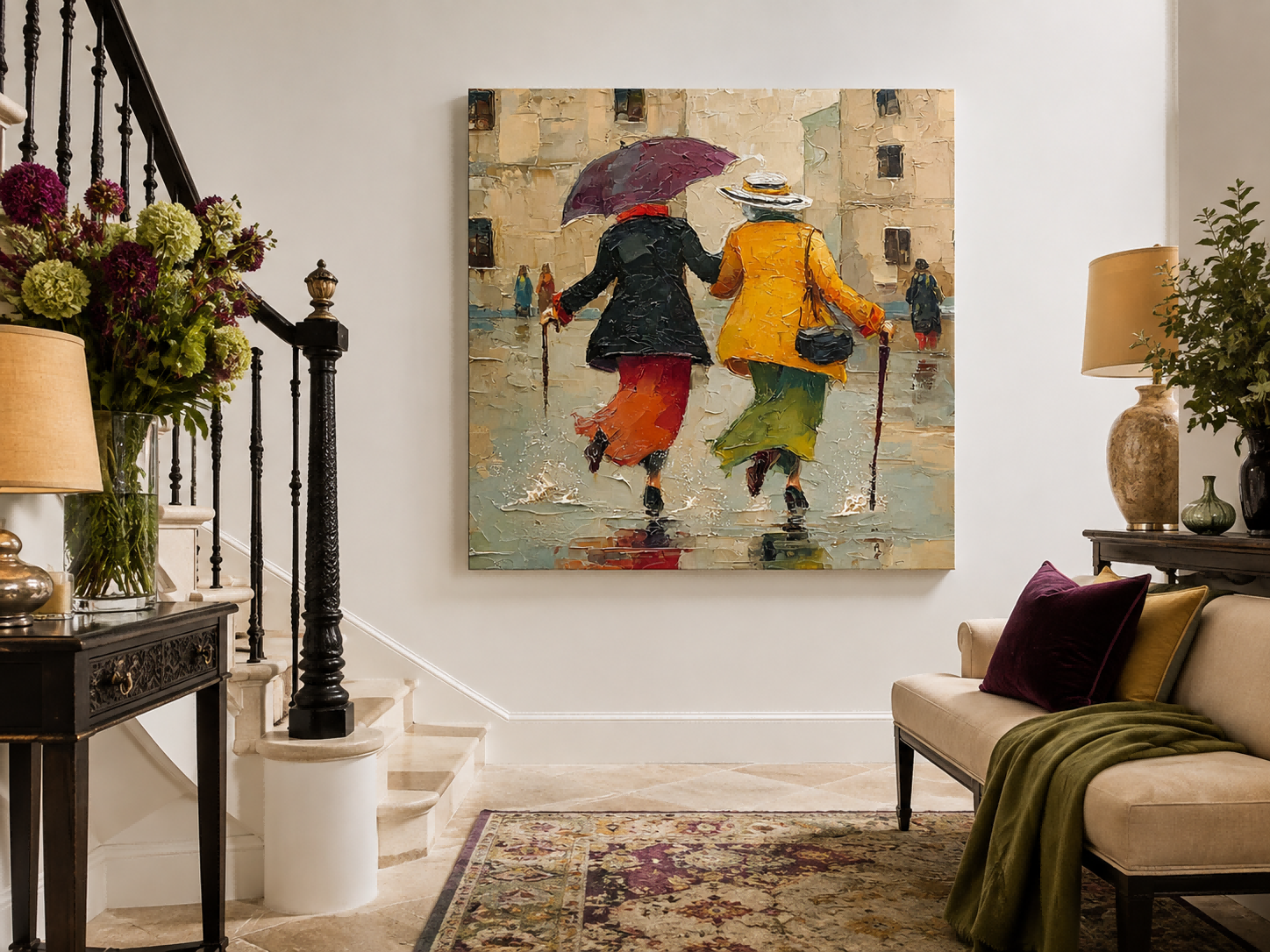 Vintage Style Canvas Art Depicting Joyful Friendship And Rainy Day City Life Square Wall Decor