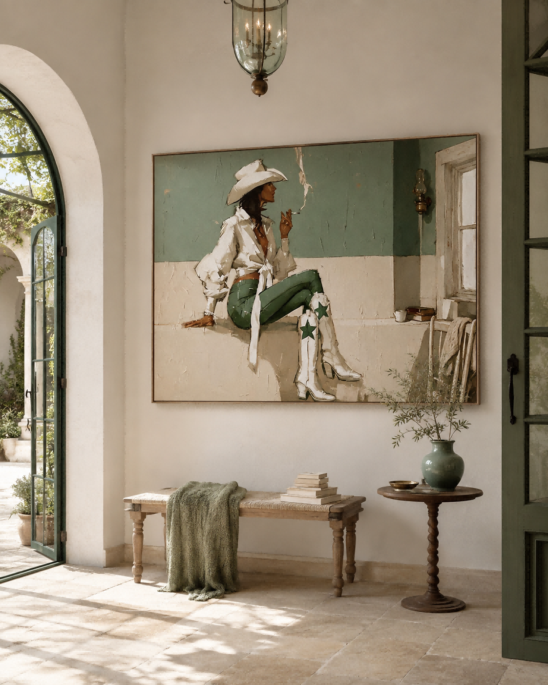 Modern Western Cowgirl Art Painting With Green And White Tones For Living Room Decor